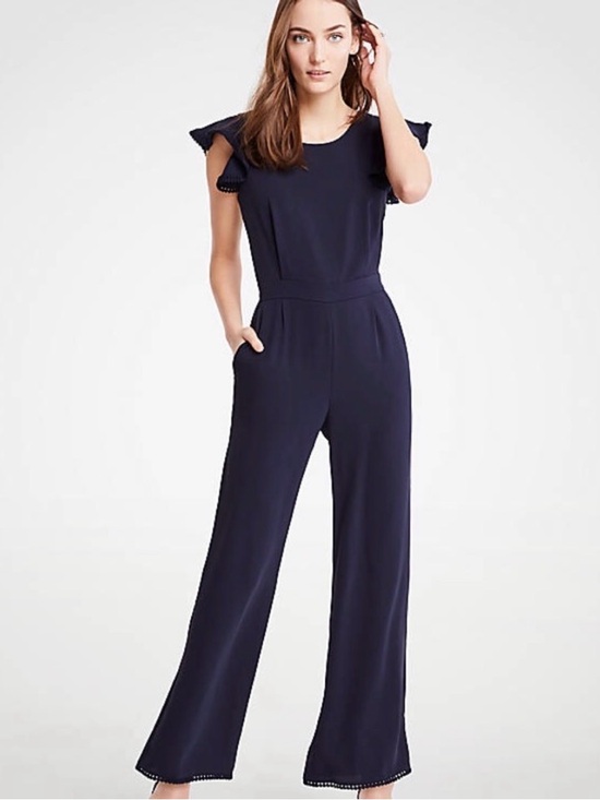 Ann Taylor Pants - Ann Taylor Navy Blue Wide Leg Romper Jumpsuit Size 6 Flutter Sleeve Pockets